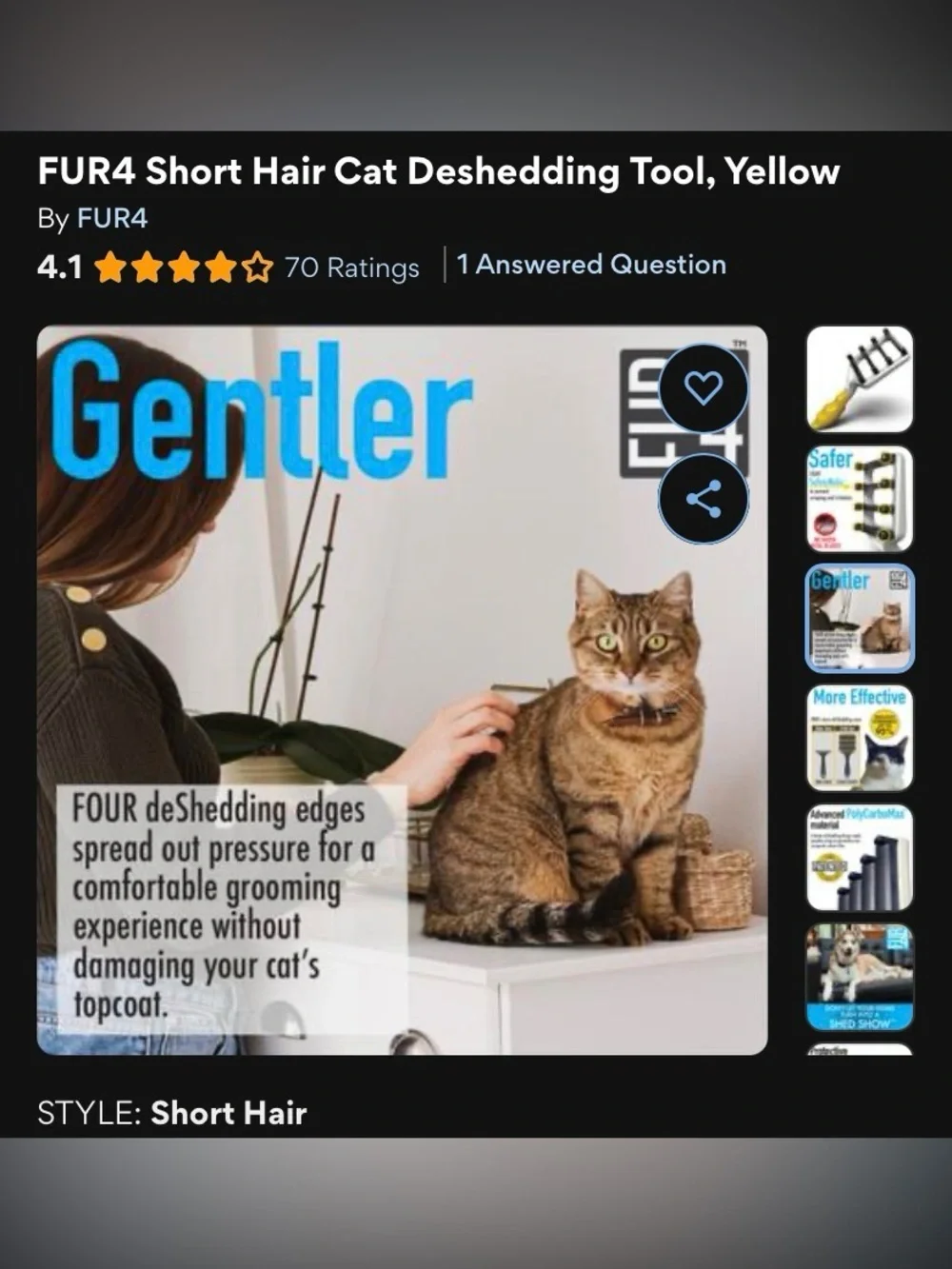 EUC FUR4 Short Hair Cat Deshedding Tool, Yellow